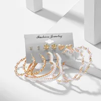Europe And America Cross Border New Love Heart Earrings 6-piece Set Creative Pearl Diamond Gold Round Ring Earrings Set Earring main image 2