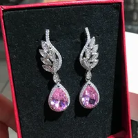 Internet Celebrity Live Hot Sale Light Luxury Romantic Argyle Pink Morgan Stone Stud Earrings Micro-inlaid Water Drop Pink Diamond Wings Earrings For Women main image 2