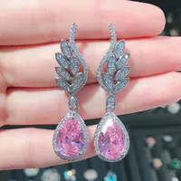 Internet Celebrity Live Hot Sale Light Luxury Romantic Argyle Pink Morgan Stone Stud Earrings Micro-inlaid Water Drop Pink Diamond Wings Earrings For Women main image 3