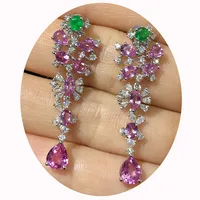 Heavy Industry Design Full Diamond Papalacha Color Stud Earrings Imitation Emerald Water Drop Earrings Lotus Corundum Long Earrings main image 4
