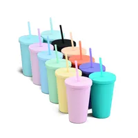 Candy Color Double-layer Plastic Straw Cup 16oz Plastic Frosted Water Cup main image 5