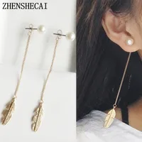European And American Temperament Feather Leaf Pearl Personalized Long Earrings Eardrops Earrings Female Earrings Factory Wholesale main image 1