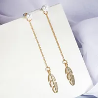 European And American Temperament Feather Leaf Pearl Personalized Long Earrings Eardrops Earrings Female Earrings Factory Wholesale main image 2