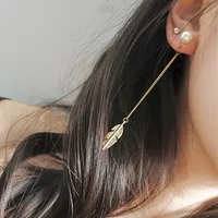 European And American Temperament Feather Leaf Pearl Personalized Long Earrings Eardrops Earrings Female Earrings Factory Wholesale main image 3
