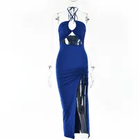 Irregular Skirt Sexy Commute Halter Neck Patchwork Straps Pleated Solid Color Maxi Long Dress main image 5