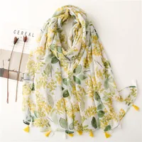 Bali Yarn Cotton Fruit Green Bright Yellow Leaf Printing Tassel Scarf Shawl main image 1