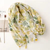 Bali Yarn Cotton Fruit Green Bright Yellow Leaf Printing Tassel Scarf Shawl main image 3