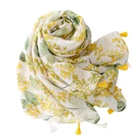 Bali Yarn Cotton Fruit Green Bright Yellow Leaf Printing Tassel Scarf Shawl main image 5