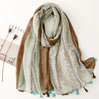 Bali Yarn Cotton Fruit Green Bright Yellow Leaf Printing Tassel Scarf Shawl sku image 13