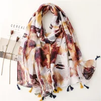 Bali Yarn Cotton Fruit Green Bright Yellow Leaf Printing Tassel Scarf Shawl sku image 15