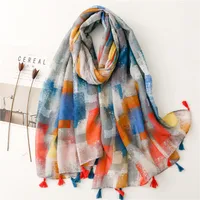 Bali Yarn Cotton Fruit Green Bright Yellow Leaf Printing Tassel Scarf Shawl sku image 12