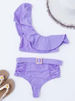 Simple Ladies Solid Color Ruffle Split Swimsuit Sexy Bikini main image 3