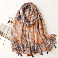 Bali Yarn Cotton Fruit Green Bright Yellow Leaf Printing Tassel Scarf Shawl sku image 6