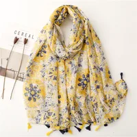 Bali Yarn Cotton Fruit Green Bright Yellow Leaf Printing Tassel Scarf Shawl sku image 9