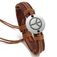 Vintage Woven Hemp Rope Alloy Peace Logo Leather Bracelet Nhpk138929 sku image 3