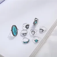 Retro Inlaid Turquoise Carved Feather Alloy Ring 8-piece Set main image 3