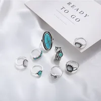 Retro Inlaid Turquoise Carved Feather Alloy Ring 8-piece Set main image 4