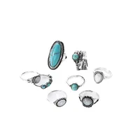 Retro Inlaid Turquoise Carved Feather Alloy Ring 8-piece Set main image 5