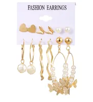Simple Geometric Pearl Butterfly Heart Earring Set 6 Pairs main image 5