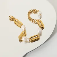Baroque Pearl Rectangular Chain Gold-plated Stainless Steel Bracelet main image 3
