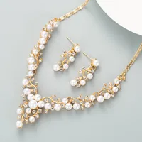 Retro Flowers Leaf Inlaid Pearl Rhinestone Earrings Necklace Set main image 3