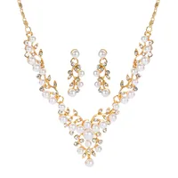 Retro Flowers Leaf Inlaid Pearl Rhinestone Earrings Necklace Set main image 5