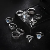 Retro Engraved Starry Gemstone Lotus Starlight Feather Ring 11-piece Set main image 2