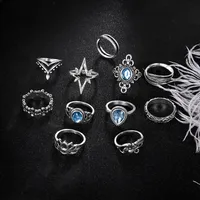 Retro Engraved Starry Gemstone Lotus Starlight Feather Ring 11-piece Set main image 3