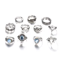 Retro Engraved Starry Gemstone Lotus Starlight Feather Ring 11-piece Set main image 5