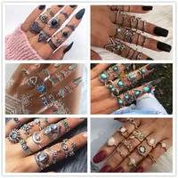 Retro Geometric Stars Feathers Gems Moon Rings Set main image 1