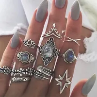 Retro Geometric Stars Feathers Gems Moon Rings Set main image 2