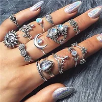 Retro Geometric Stars Feathers Gems Moon Rings Set main image 4