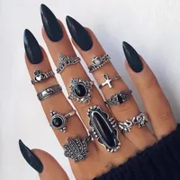 Retro Geometric Stars Feathers Gems Moon Rings Set main image 5