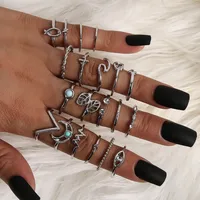 Retro Geometric Stars Feathers Gems Moon Rings Set sku image 1