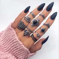 Retro Geometric Stars Feathers Gems Moon Rings Set sku image 11
