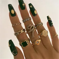 Retro Geometric Stars Feathers Gems Moon Rings Set sku image 23