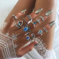Retro Geometric Stars Feathers Gems Moon Rings Set sku image 5