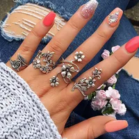 Retro Geometric Stars Feathers Gems Moon Rings Set sku image 3