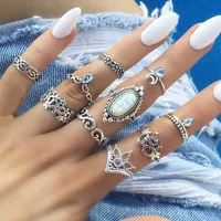 Retro Geometric Stars Feathers Gems Moon Rings Set sku image 15