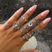 Retro Geometric Stars Feathers Gems Moon Rings Set sku image 16