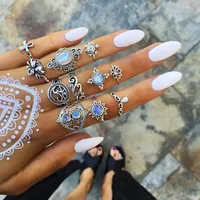 Retro Geometric Stars Feathers Gems Moon Rings Set sku image 30