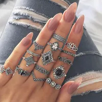 Retro Geometric Stars Feathers Gems Moon Rings Set sku image 17