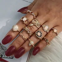 Retro Geometric Stars Feathers Gems Moon Rings Set sku image 31