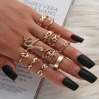 Retro Geometric Stars Feathers Gems Moon Rings Set sku image 28