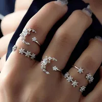 Retro Geometric Stars Feathers Gems Moon Rings Set sku image 12