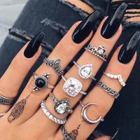 Retro Geometric Stars Feathers Gems Moon Rings Set sku image 22