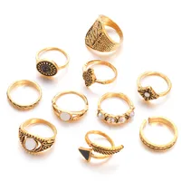Retro Geometric Stars Feathers Gems Moon Rings Set sku image 9