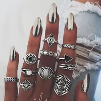 Retro Geometric Stars Feathers Gems Moon Rings Set sku image 10