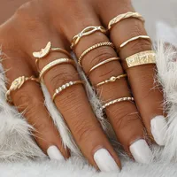 Retro Geometric Stars Feathers Gems Moon Rings Set sku image 6