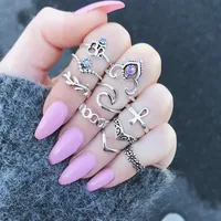 Retro Geometric Stars Feathers Gems Moon Rings Set sku image 13